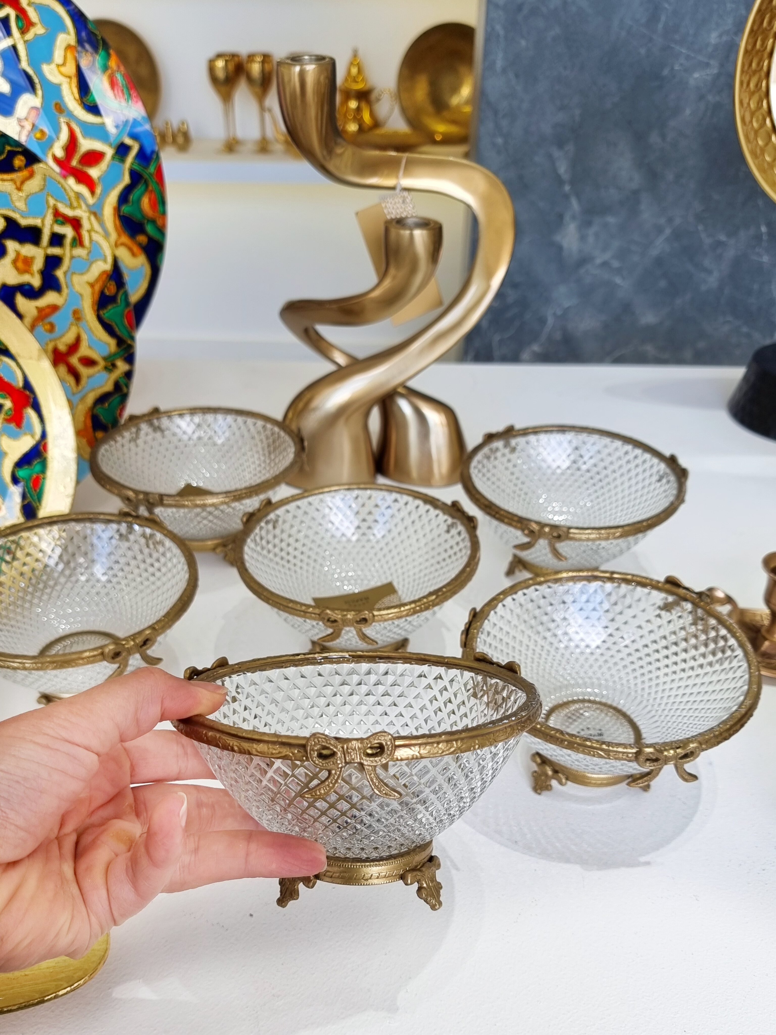 پیاله برنجی و بلور وارداتی  مدل پاپیون از برند مپکو _ست شش عددی